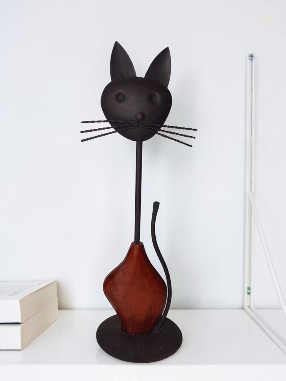 MCM Style Folk Art Cat Figurine Home Decor 15.5" Brown Wood Metal Kitsch READ